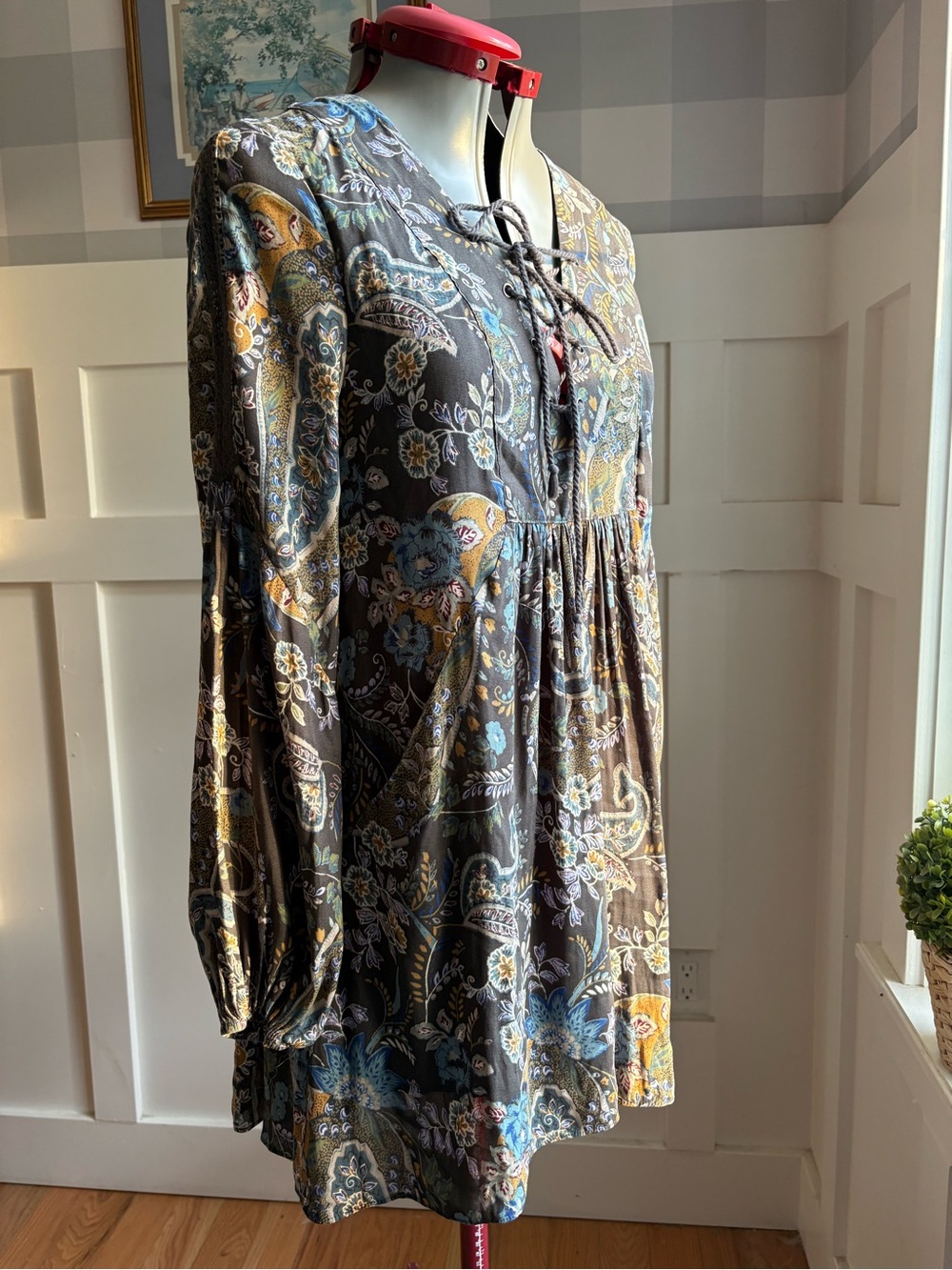 Free People Paisley Mini Dress in Brown, Blue & Mustard XS
